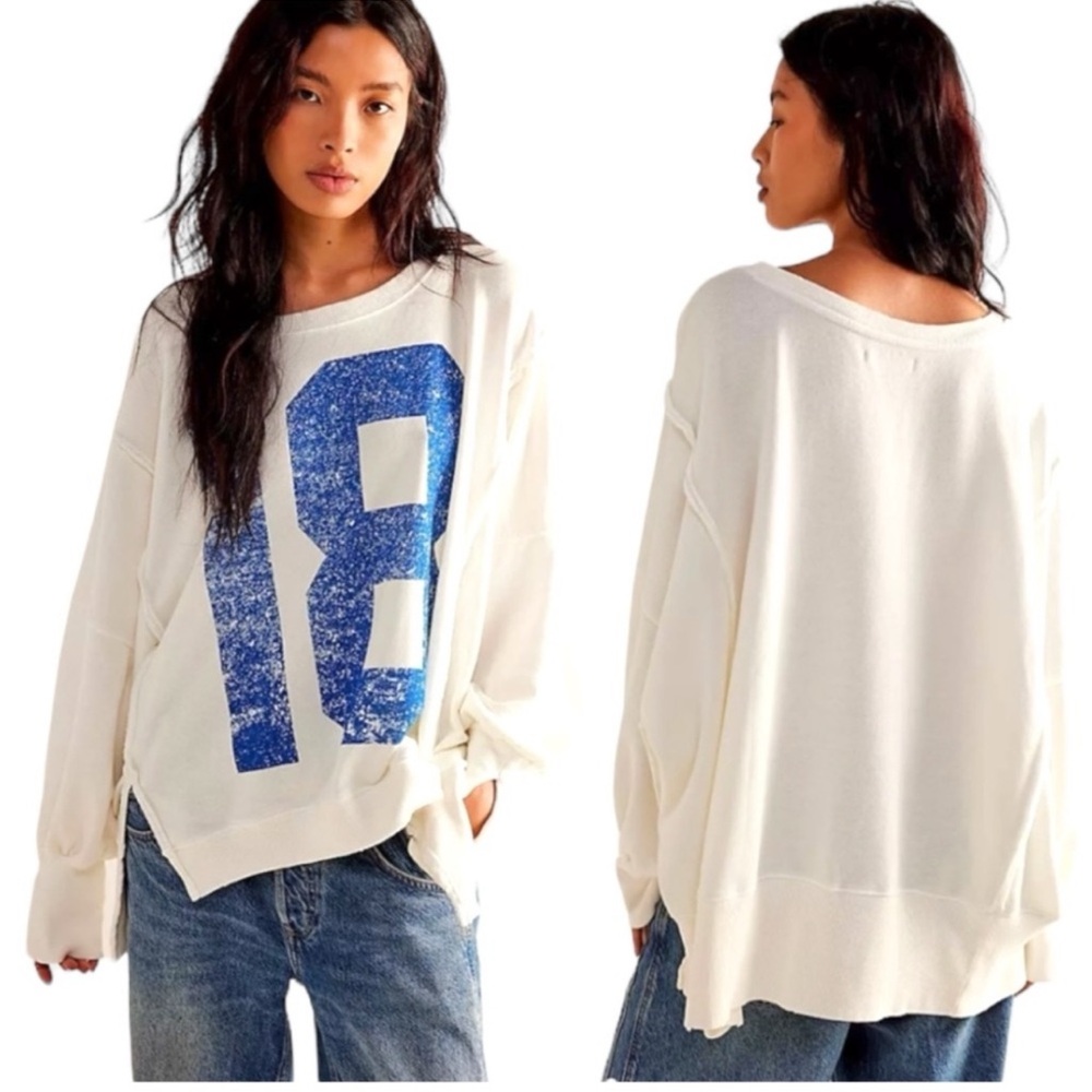 Free People White Sweatshirt with Blue Graphic